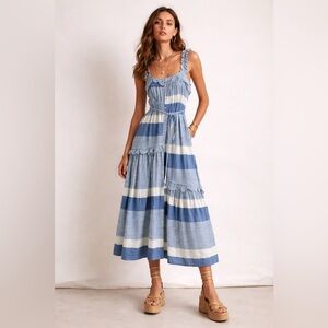 Apiece Apart Lypie tiered ruffle midi dress in blue & white stripe. Size 2
